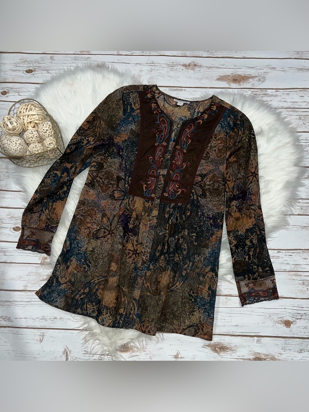 Coldwater Creek Brown Multi Paisley Embroidered Tunic